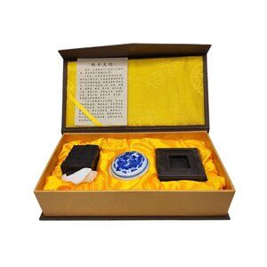 Vintage Chinese Rubber Wood Stamp & Ink Set in Porcelain Pot W/Ink